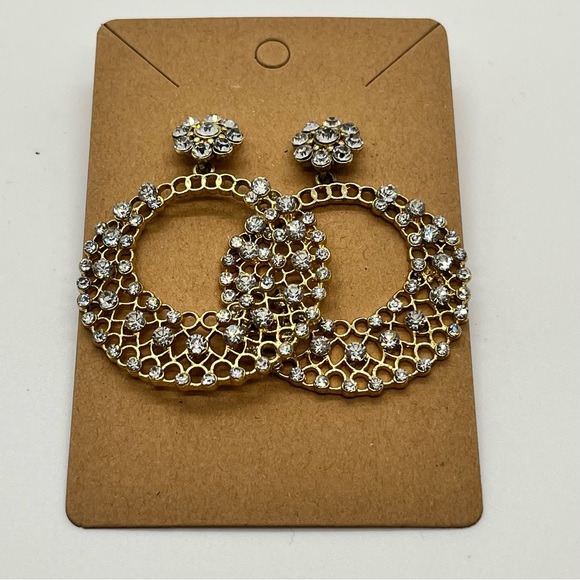 Gold Tone Rhinestones Dangle Drop Filigree Openwork Circle Hoop Fashion Earrings - Picture 2 of 8